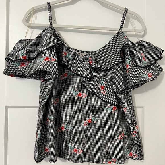 Gypsies & Moondust Juniors Blouse Ruffled Black White Gingham Off Shoulder - Picture 2 of 7